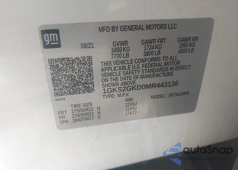 2021 GMC Yukon Xl K1500 Slt z USA, uszkodzony, nr VIN 1GKS2GKD0MR443136